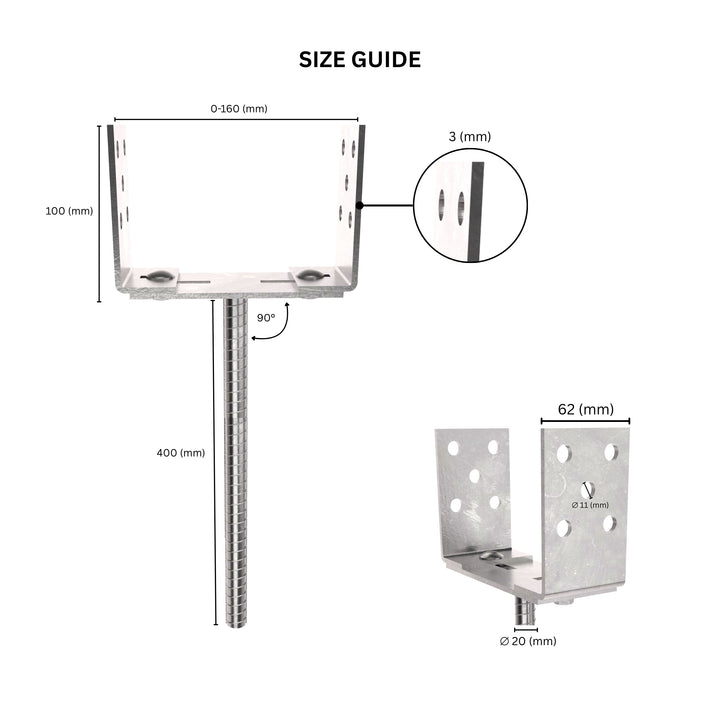 Adjustable width U post support with labeled dimensions, showing the U bracket width adjustment range and rod length.
