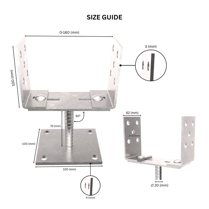 Adjustable width U type post support with labeled dimensions, showing the width adjustment range, base plate and U-bracket size.