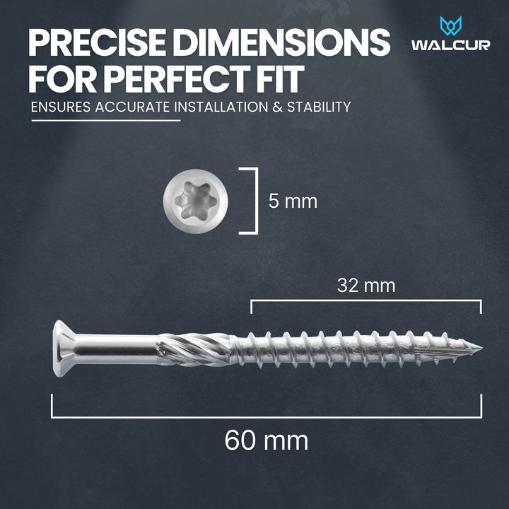 Stainless steel terrace screw with labeled dimension.