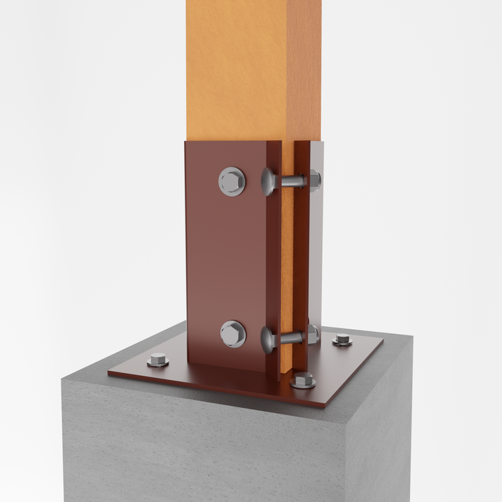 Swift Clamp Bolt Down Post Support holding wooden fence post, mounted on concrete surface.