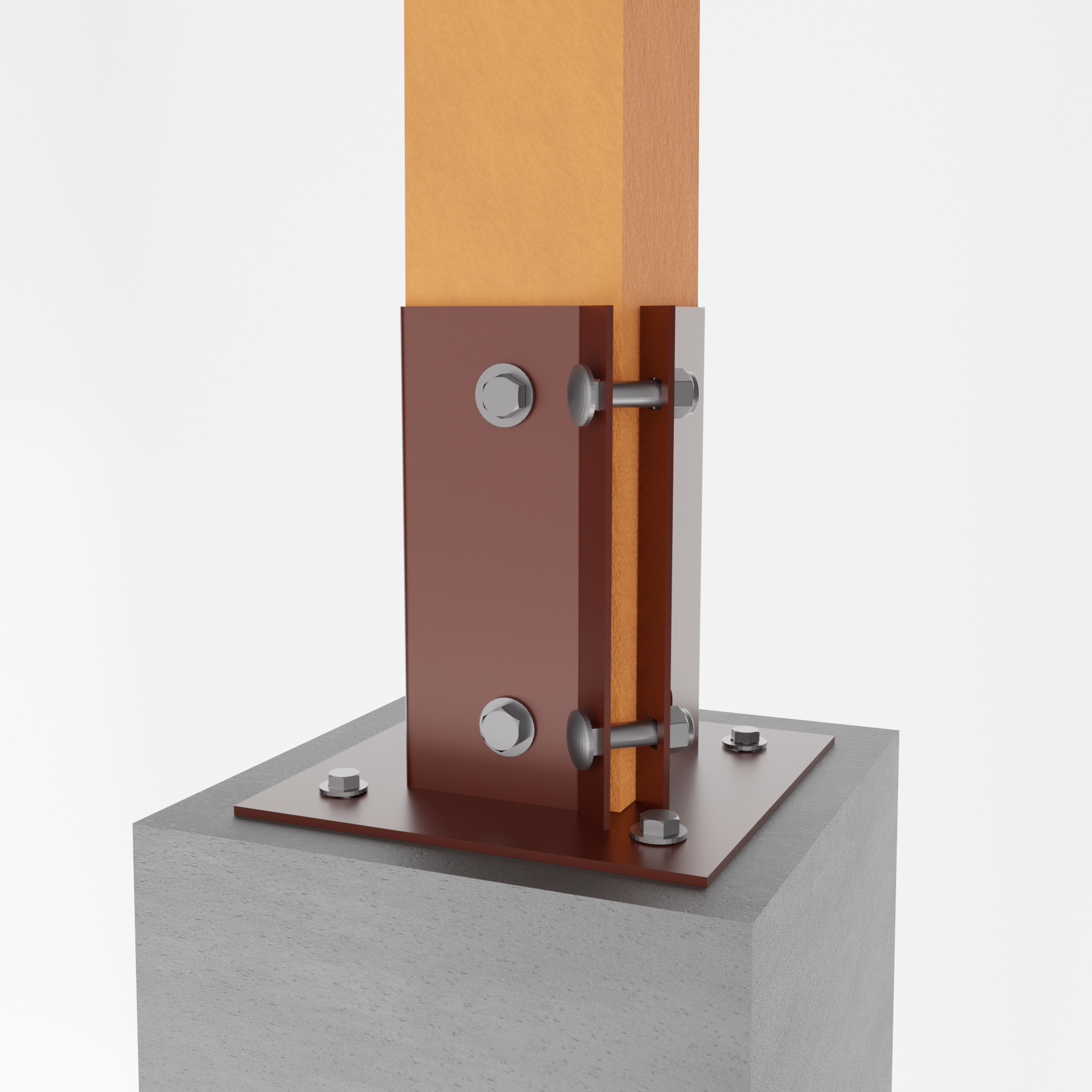 Swift Clamp Bolt Down Post Support holding wooden fence post, mounted on concrete surface.