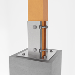 Swift Clamp Bolt Down Post Support holding wooden fence post, mounted on concrete surface.