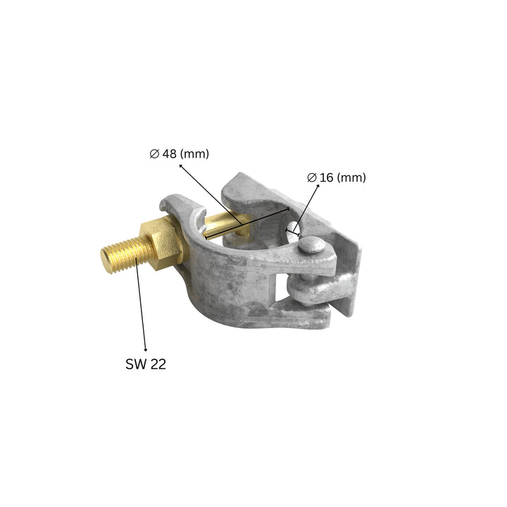 Scaffold half coupler clamp with labeled dimensions.
