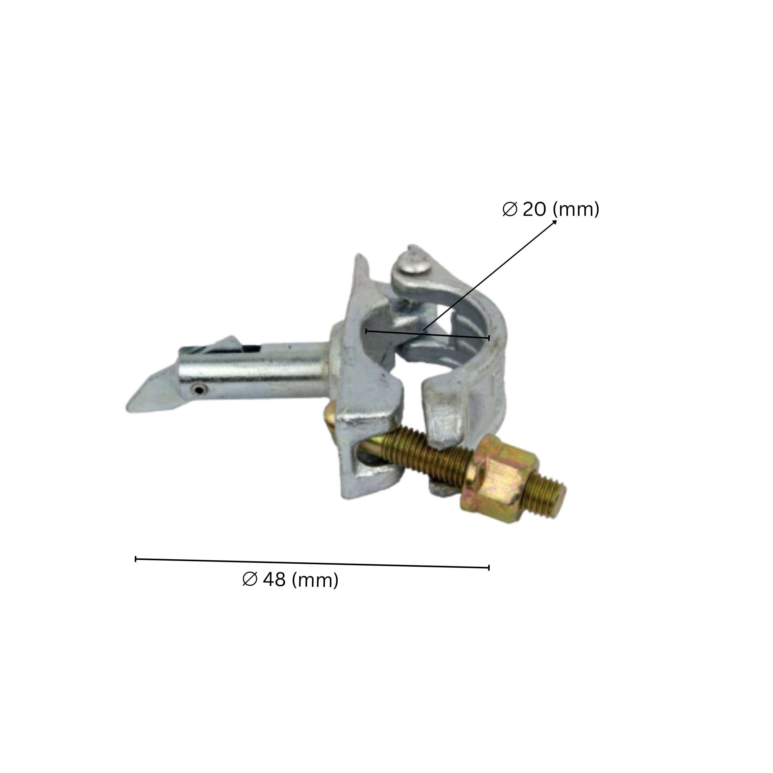 Scaffolding coupler with tilt pin showing labeled dimensions for length, width and pin size.