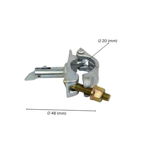 Scaffolding coupler with tilt pin showing labeled dimensions for length, width and pin size.